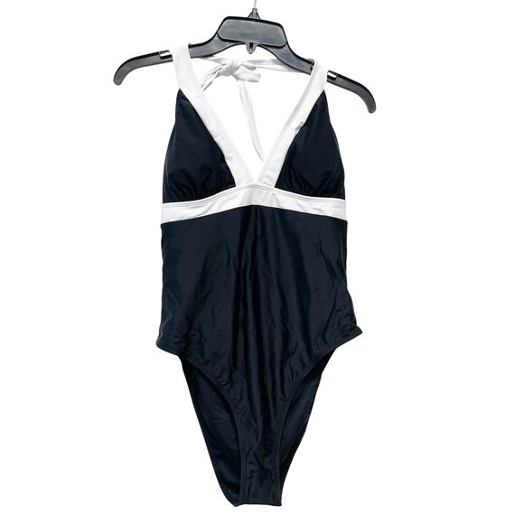 Cupshe Italian Romance Halter Cheeky One Piece Swimsuit Black White Size Large - Picture 1 of 7